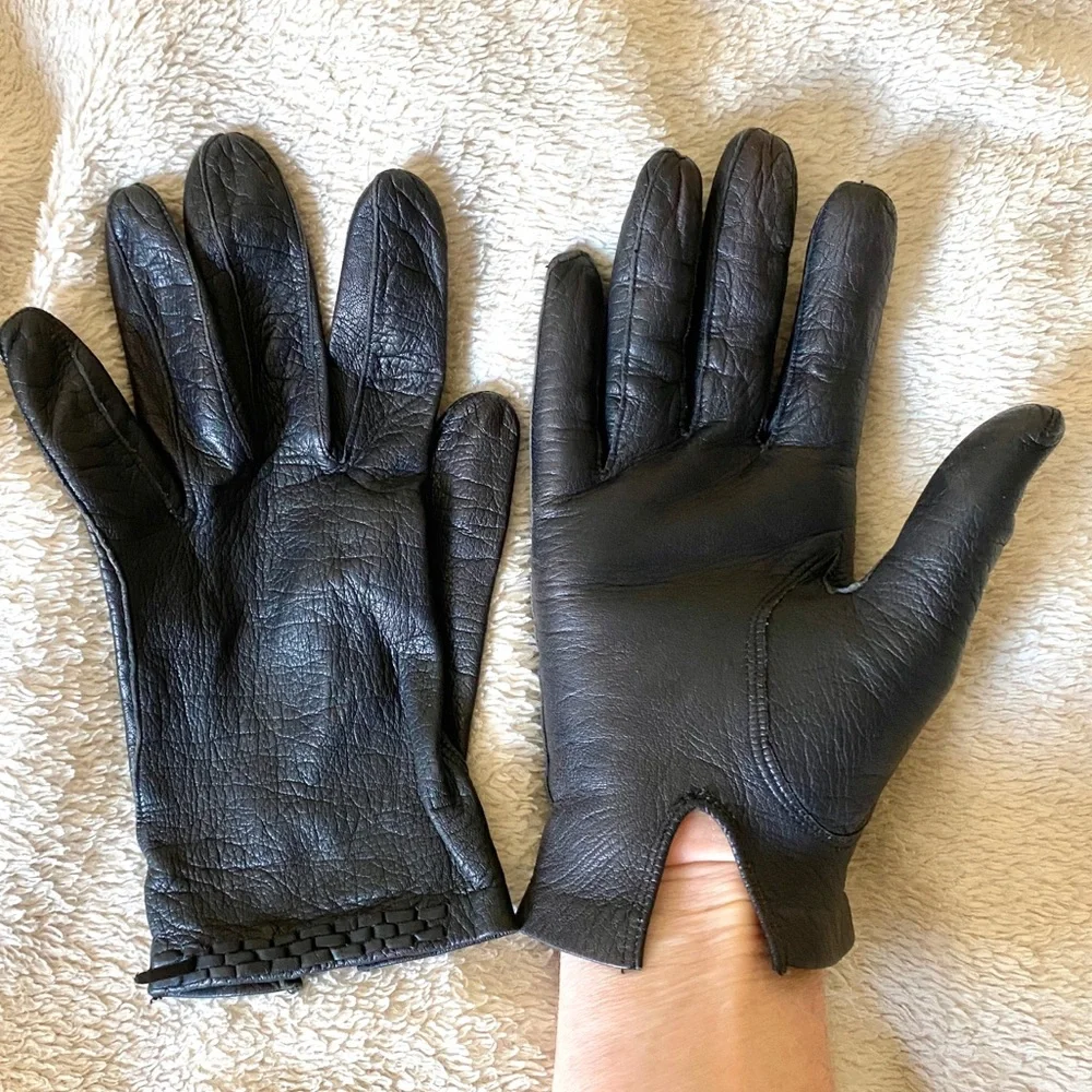 Vintage driving gloves black pebbled leather 60s braided hand ladies Women’s 7